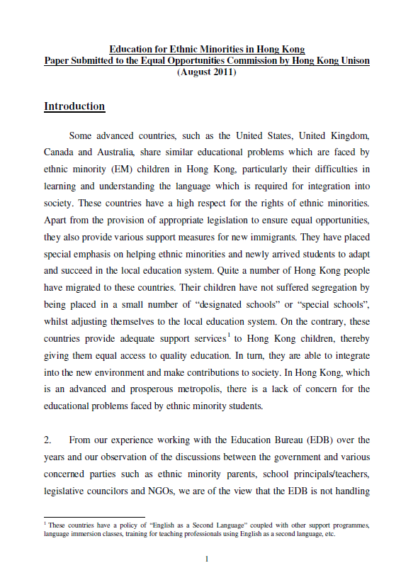 Education for Ethnic Minorities in Hong Kong - Paper Submitted to the Equal Opportunities Commission by Hong Kong Unison